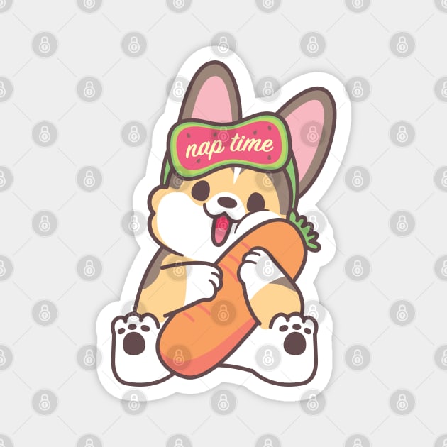 Nap Time Tricoloured Corgi with Carrot Pillow Bolster Magnet by XEENYEE