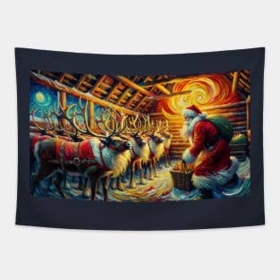 Santa & Reindeer Under Starry Skies - Van Gogh-Inspired Art Prints Tapestry