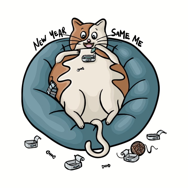 New Year Same Me Chubby Kitty Eating Fish Funny Digital Illustration by AlmightyClaire