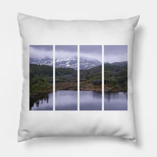 Wonderful landscapes in Norway. Vestland. Beautiful scenery of houses with grass roof. Norwegian traditional architecture Mountains, trees and snow in background. Cloudy day Pillow