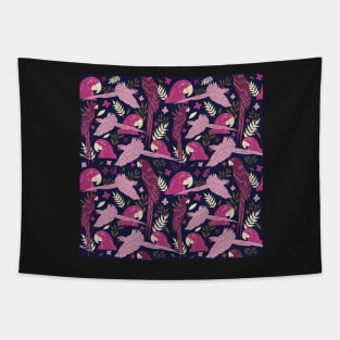 Ara Parrot Tropical Leaves Pink on Dark Blue Tapestry