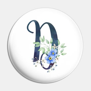 Floral Monogram D Wild Blue Flowers Pin