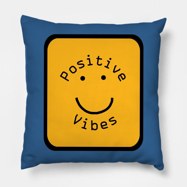 Positivity Vibes Smiley Face Sign Yellow Pillow by ellenhenryart