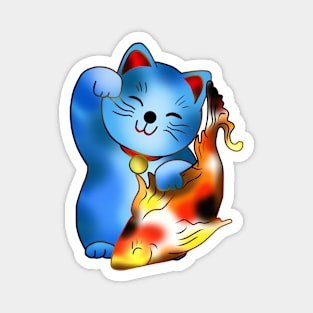 Right paw blue maneki neko lucky cat with fish Magnet