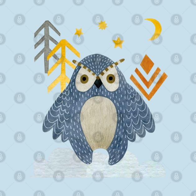 Blue night owl, owl illustration by LollysLane