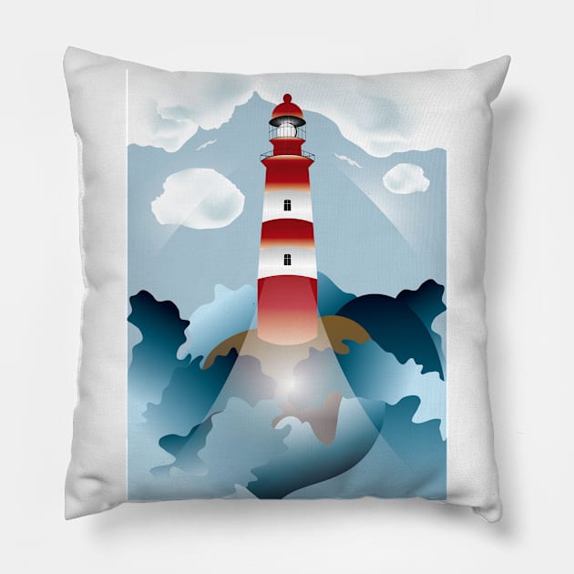 Lighthouse lights on over the unsteady sea Pillow by schtroumpf2510