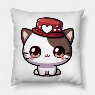 Charming Kawaii Valentine's Cat with Heart Top Hat Pillow