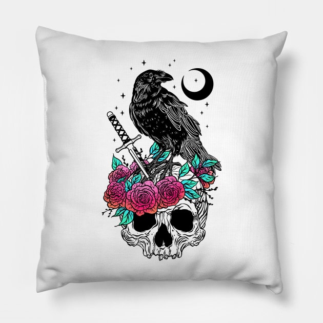 Crow with skull Pillow by OccultOmaStore