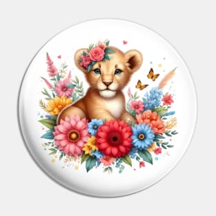 A baby lion decorated with beautiful colorful flowers. Pin