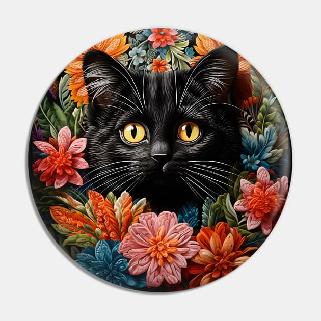 Vintage Black Cat Crochet Flowers - Whimsical Retro Design Pin by KittyStampedeCo