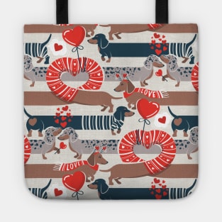 Dachshunds long love // beige background neon red hearts scarves sweaters and other Valentine's Day details brown nile blue and dark grey spotted funny doxies dog puppies Tote