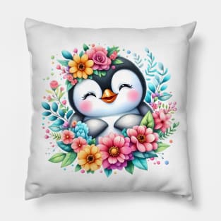 A baby penguin decorated with beautiful colorful flowers. Pillow