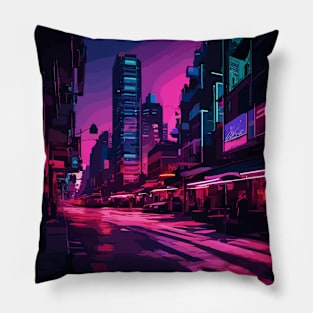 Neon Lit Cityscape Pillow