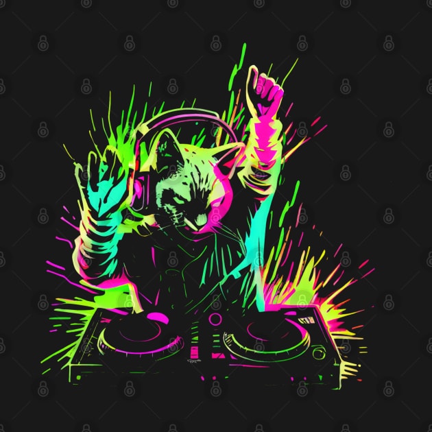 Cat DJ Decks 80's 90's Retro Neon Clubbers Rave Party #2 by Tellingmoon