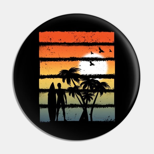 Summer Sunset Graphic Icon Surfer Ocean Palm Pin by YouthfulGeezer