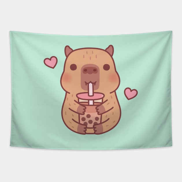 Cute Little Capybara Loves Bubble Tea Tapestry by rustydoodle