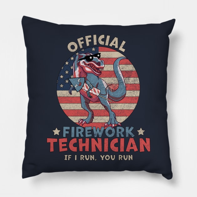 Official Firework Technician 4th of July Dinosaur T-rex Pillow by OrangeMonkeyArt