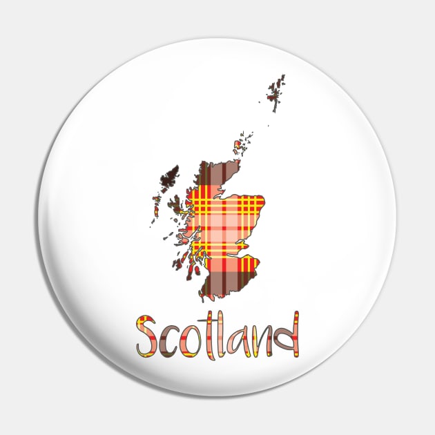 Scotland Red, Yellow, Black and White Tartan Map Typography Design Pin by MacPean