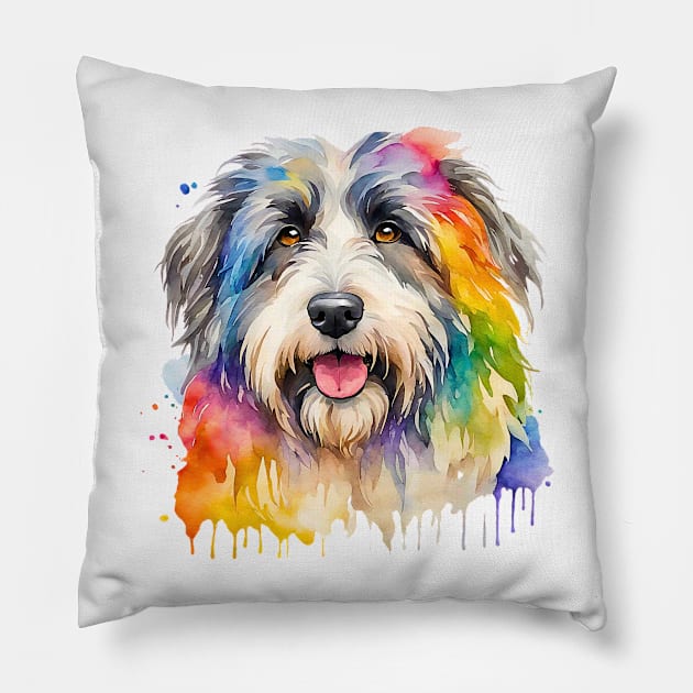 Polish Lowland Sheepdog Watercolor Portrait Pillow by Doodle and Things