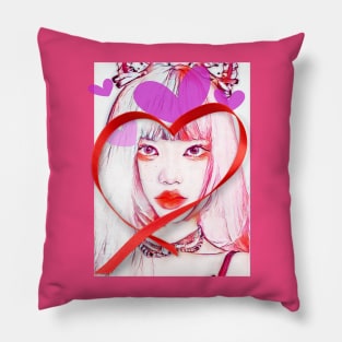 Young Asian Girl face framed in red ribbon heart Pillow