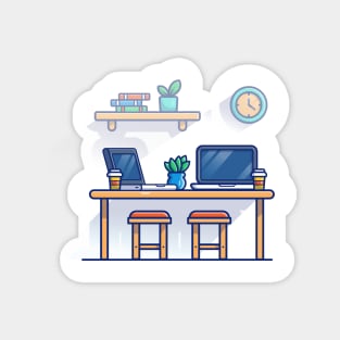 Table, Chair, Laptops, Plant, Clock, Books, And Cups Cartoon Magnet