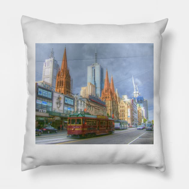 Melbourne Icons On Flinders Pillow by Michaelm43