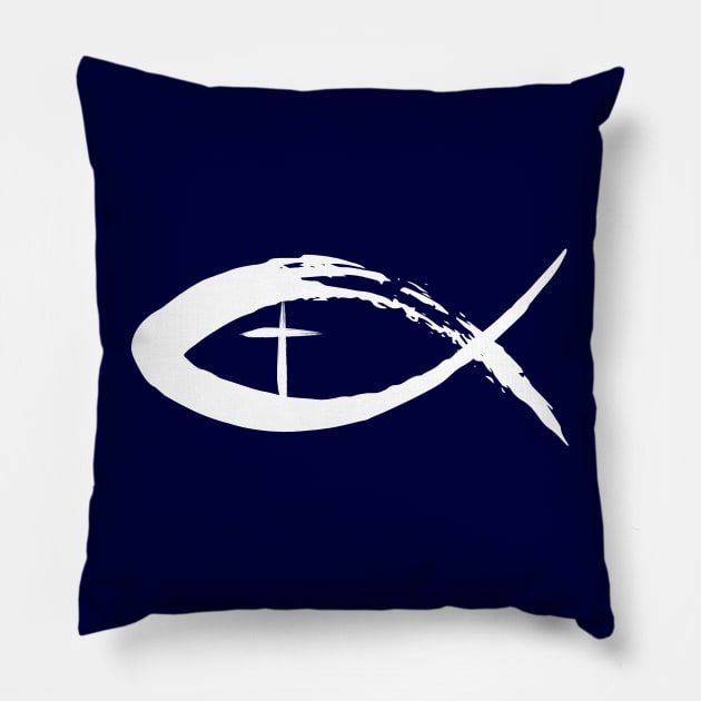 Painted Cross and Fish Christian Design - White Pillow by CrossAndCrown