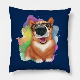 Corgi with sunglasses. Corgi lover. Multicolored watercolor stains Pillow