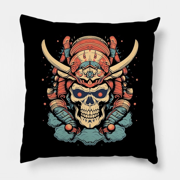 Samurai Skull Retro Pillow by TOKEBI