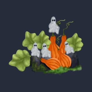 Ghosts are relaxing in pumpkin garden before celebrate spooky halloween festival T-Shirt