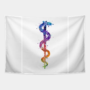 Rod of Asclepius Colorful Watercolor Pharmacy Art Tapestry