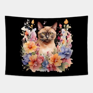 A burmese cat decorated with beautiful watercolor flowers Tapestry