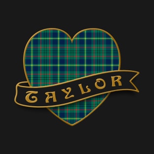 The TAYLOR Family Tartan Heart & Ribbon Retro-Style Insignia Design T-Shirt