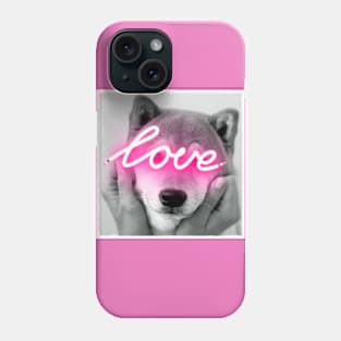 Shiba Love Black and White Shiba Inu Photo with Neon Pink Love Sign Phone Case