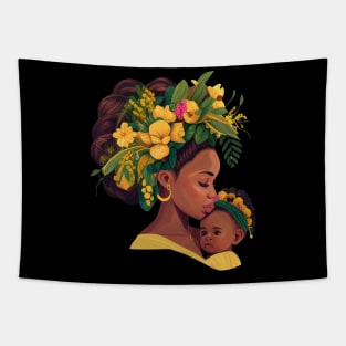 Afro Mom And Child With Flower Hair Mothers Day Tapestry