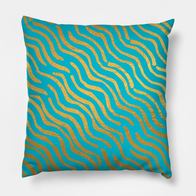 Cyan Gold colored abstract lines pattern Pillow by jodotodesign