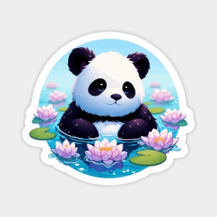 Cute Anime Panda Bear Bath With Water Lily Magnet