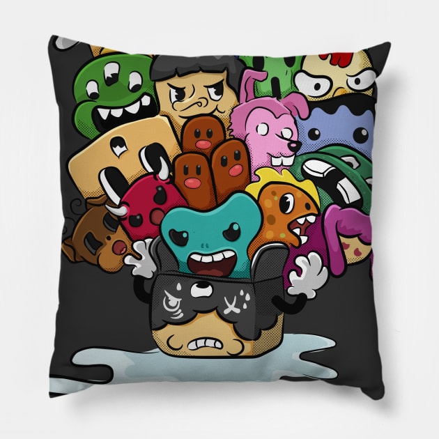 fu-cube and Freind Monster Colored Doodle Pillow by Giraroad