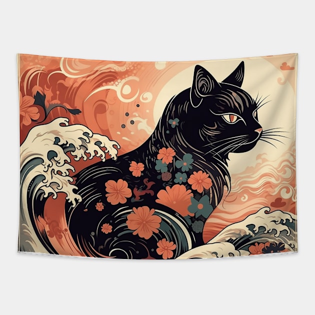 Neko Kuro Ukiyo Tapestry by WabiSabi Wonders