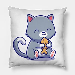 Cute Cat Holding Fish Pillow