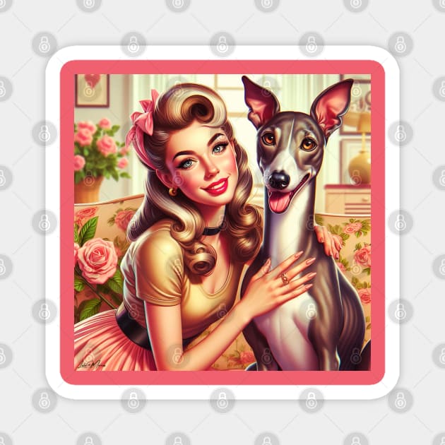 Greyhound Dog and Beautiful Woman Vintage Retro Magnet by Greyhounds Are Greyt