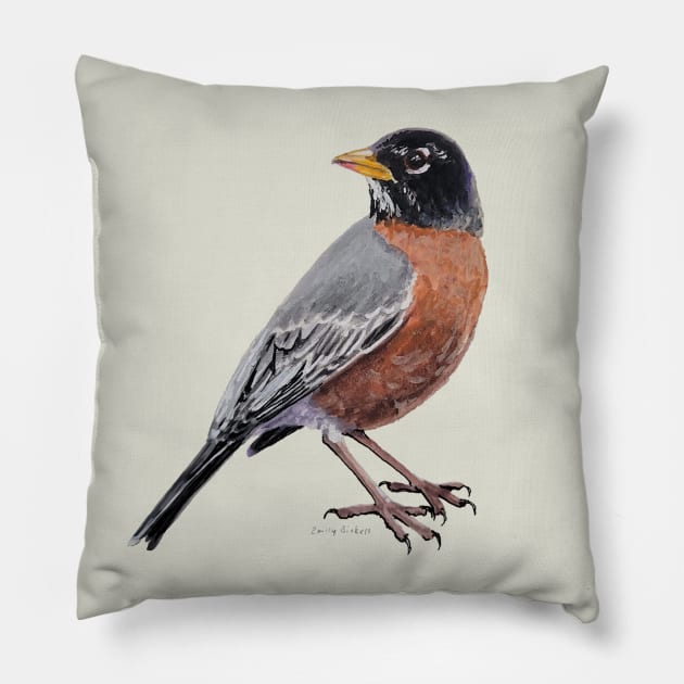 American Robin bird painting (looking back) Pillow by EmilyBickell