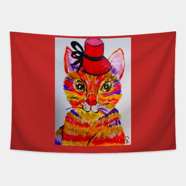 Colourful Cat and her Red Hat Tapestry by Casimirasquirkyart