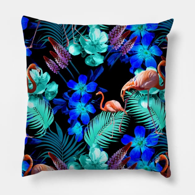 Flamingo Palm, Blue Flowers, Black Pillow by Random Galaxy