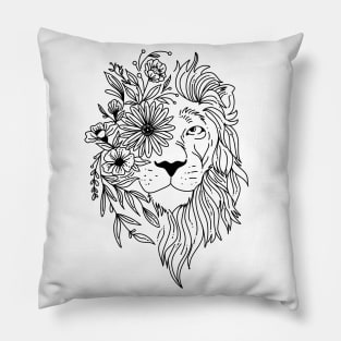 Lion head sketch with flowers in his mane Pillow