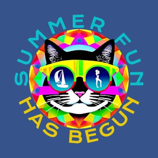 Summer Fun Has Begun Text And A Cat In Sunglasses Portrait T-Shirt