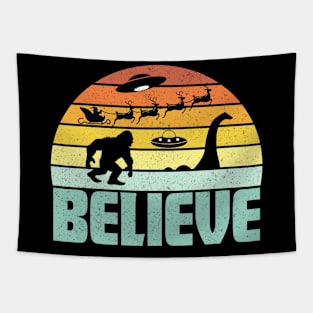 Believe Santa Claus Bigfood Yeti Nessie UFO Retro Sunset Gift Tapestry