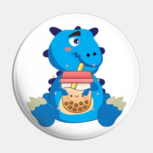 Baby Blue Dino Boba T rex Dinosaur  drinking Bubble tea Pin