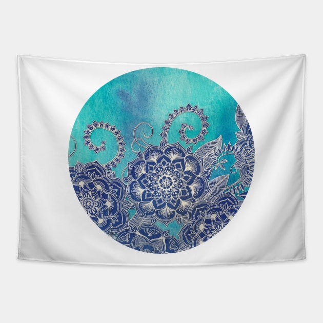 Mermaid's Garden - Navy & Teal Floral on Watercolor Tapestry by micklyn