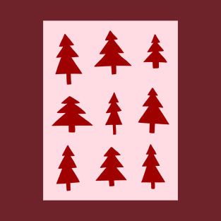 Red Christmas Tree Pattern on Pink T-Shirt